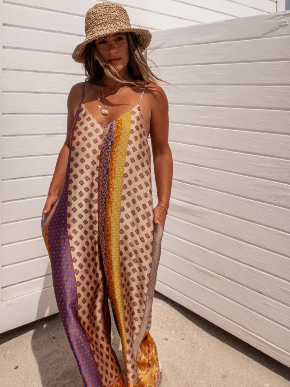 Vivo Beige, Purple & Mustard Printed Spaghetti-Strap Jumpsuit